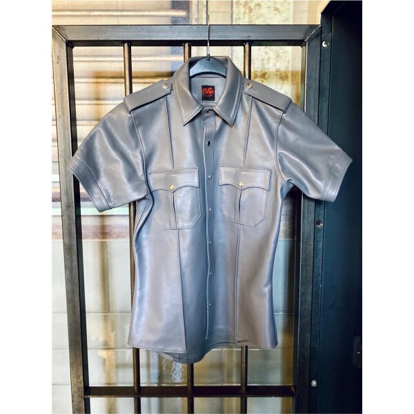 R&Co Short Sleeve Police Shirt Jeans Leather Grey L